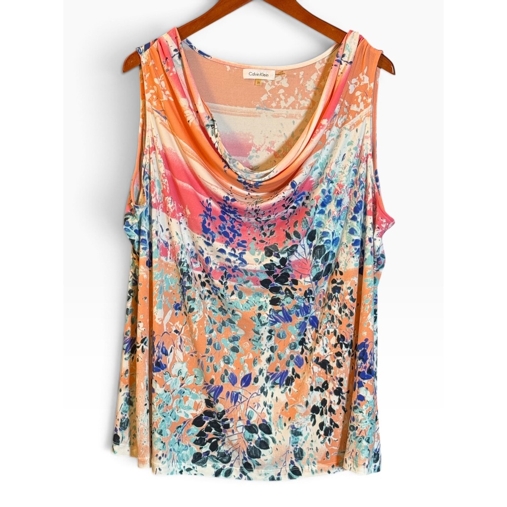 Calvin Klein Sleeveless Cowl Neck Top Womens 2X Orange Floral Stretch Blouse